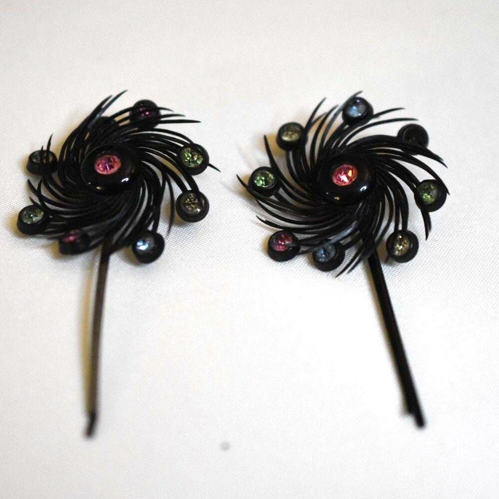 Vtg Roaring 20s Germany Spiral Design Adored With Colorful Rhinestone Hair Pins